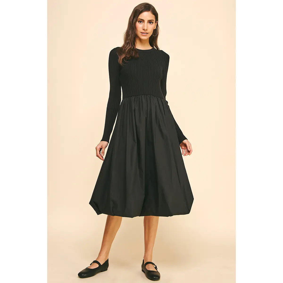 Contrast Balloon Midi Dress - Black