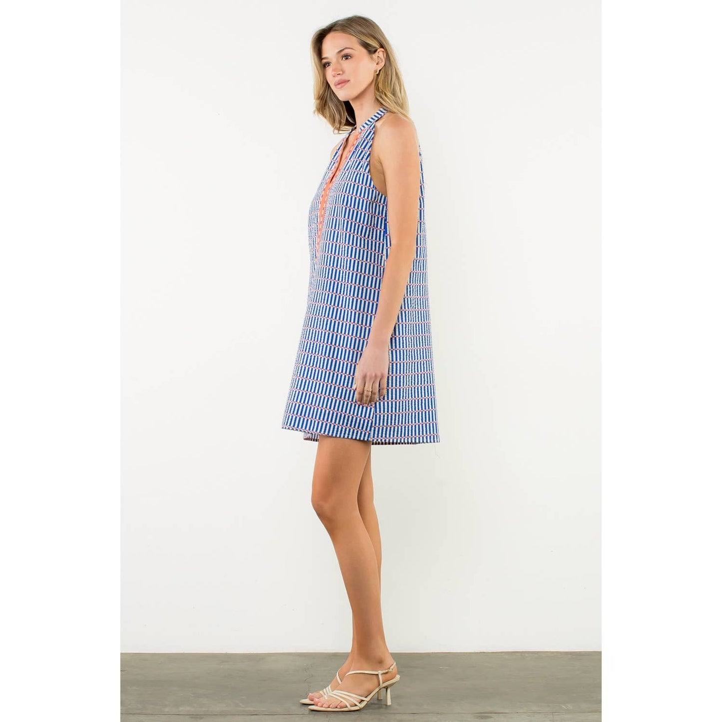 Contrast Trim Sleeveless Stripe Dress - Blue
