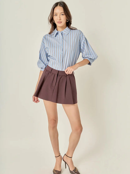 Striped Balloon Sleeve Shirt - Dusty Blue