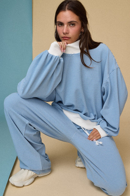 Mock Neck Stripe Lounge Set - Blue