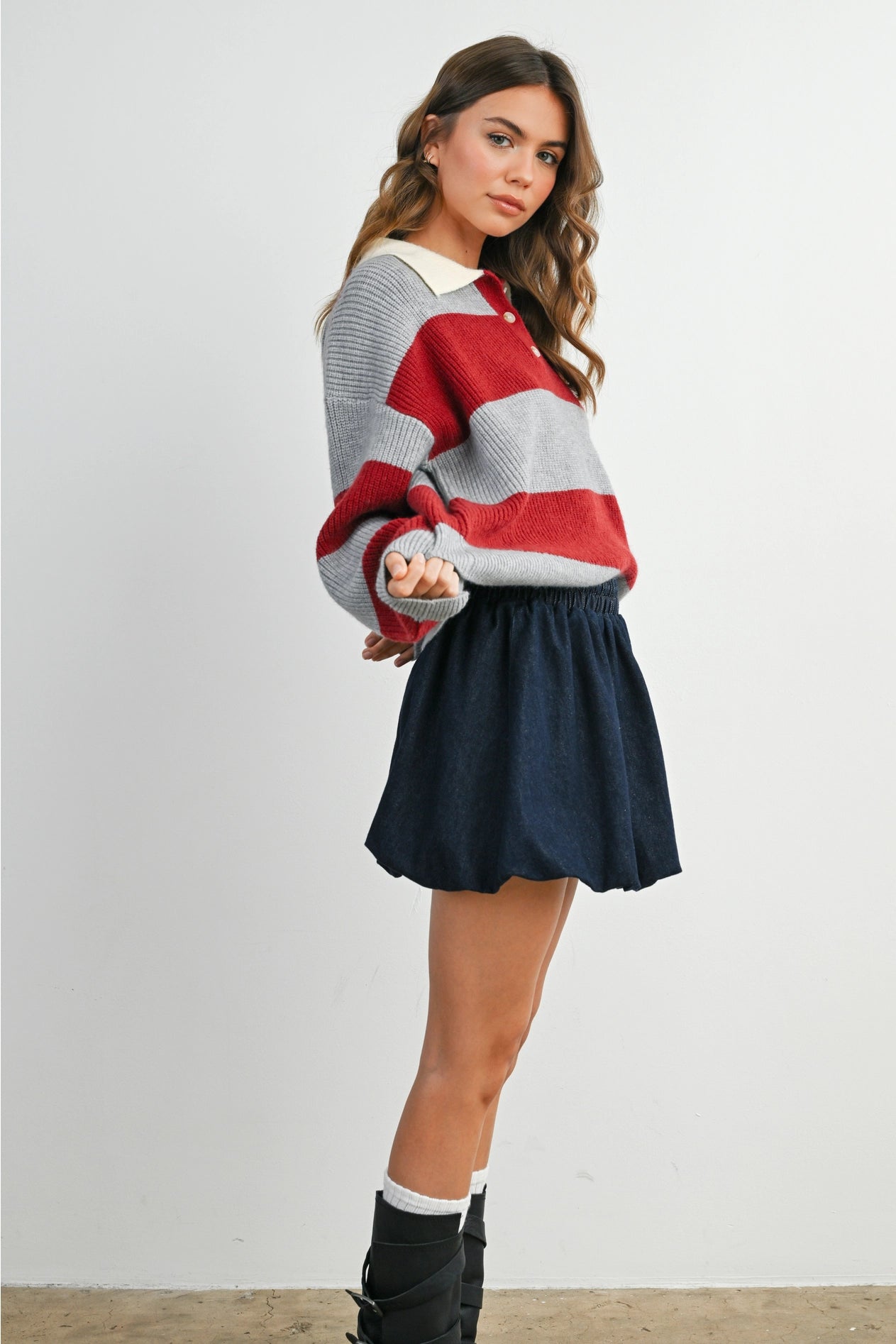 Buttoned Striped Collared Long Sleeve Top - Grey/Burgundy