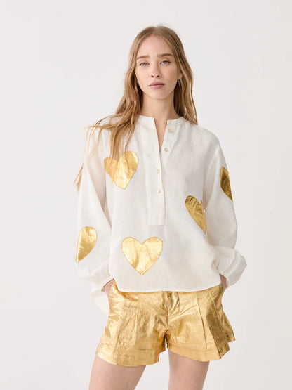 Cupid Linen Shirt - Off White w/ Gold Hearts