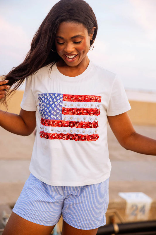 Queen of Sparkles White Flower American Flag Tee