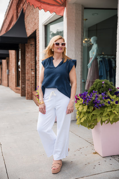 Flutter Sleeve Split Neck Top - Deep Seas
