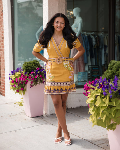 Ivy Floral Print Belted Mini Dress - Yellow Multi