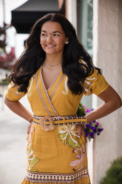 Ivy Floral Print Belted Mini Dress - Yellow Multi