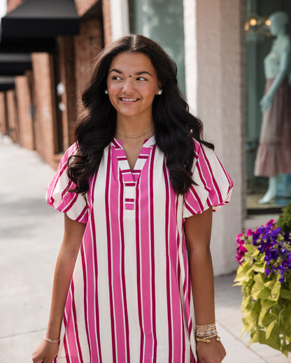 Stripe Puff Sleeve Mini Dress - Pink/Red