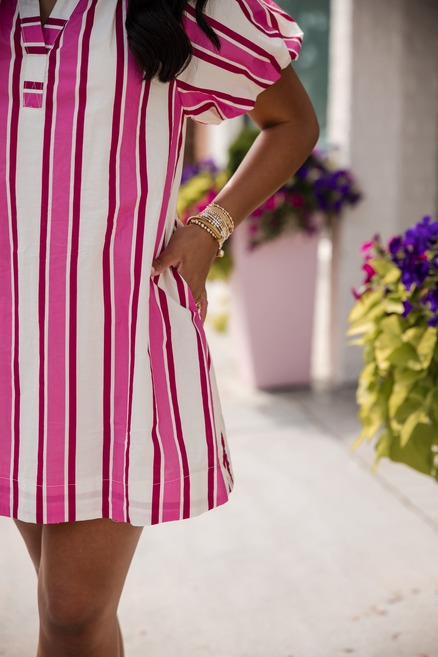Stripe Puff Sleeve Mini Dress - Pink/Red