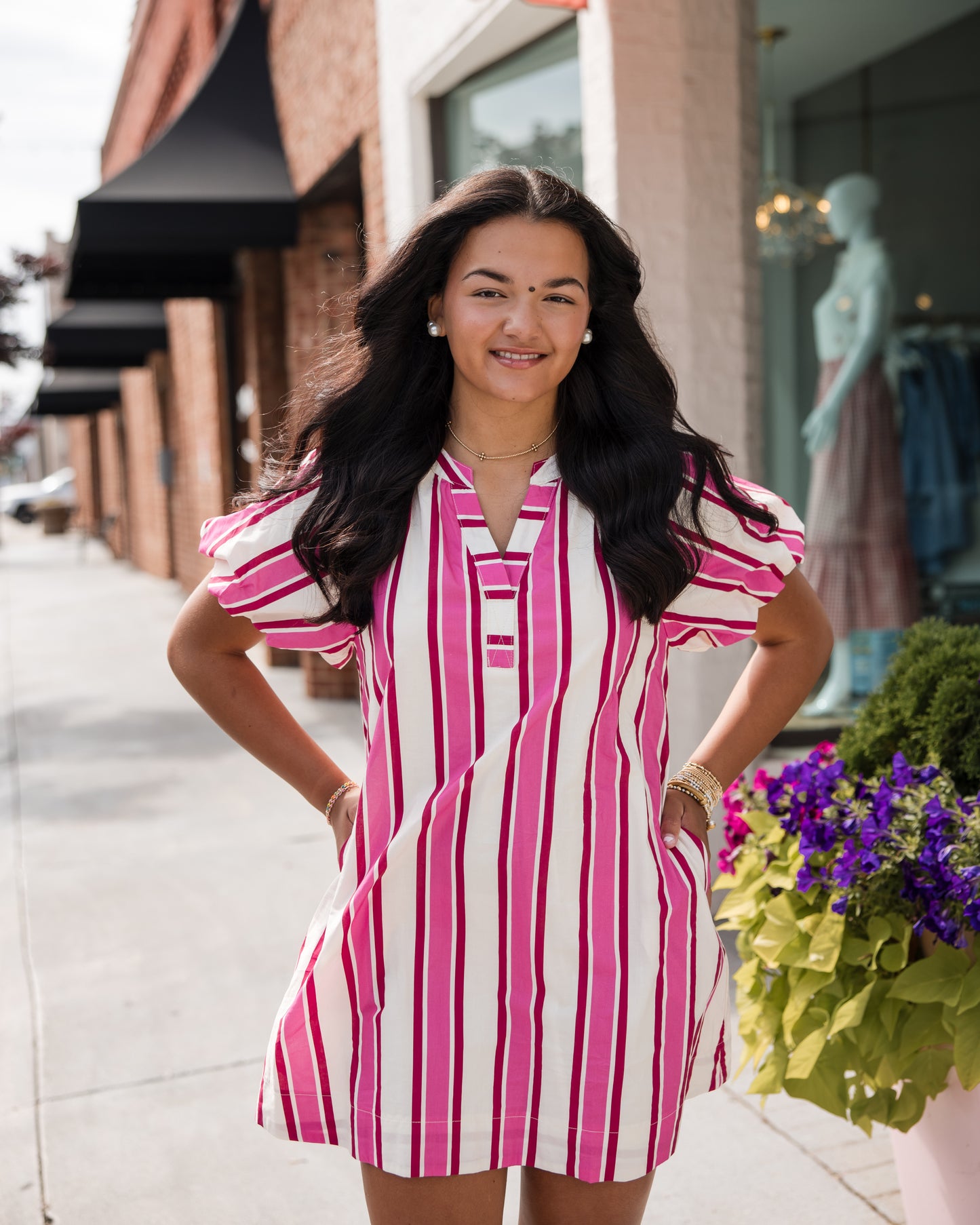 Stripe Puff Sleeve Mini Dress - Pink/Red