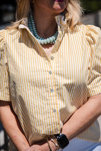 Striped Ruffled Stand Collar Top - Lemon