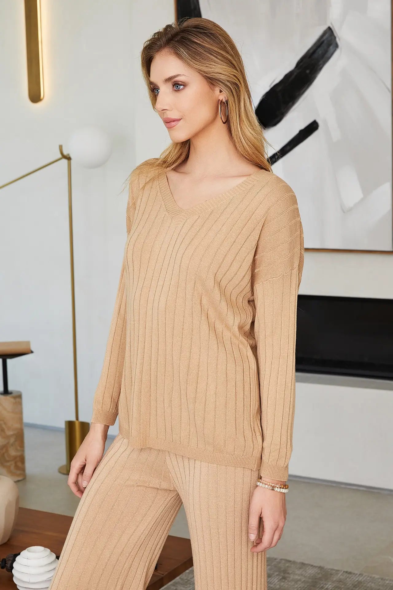 Italian Rib Knit Long Sleeve Sweater - Camel