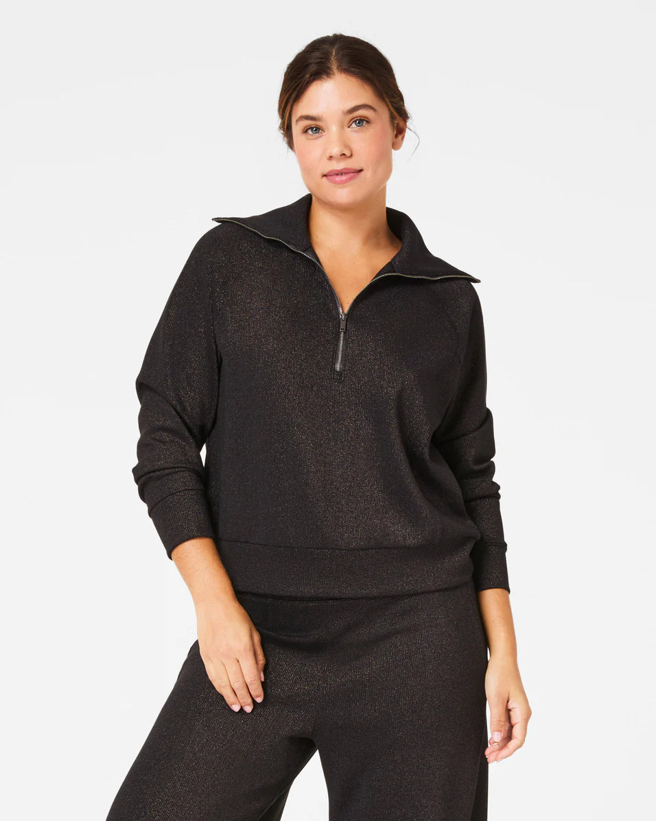 Spanx AirEssentials Half Zip Sweatshirt - Very Black/Silver Shimmer