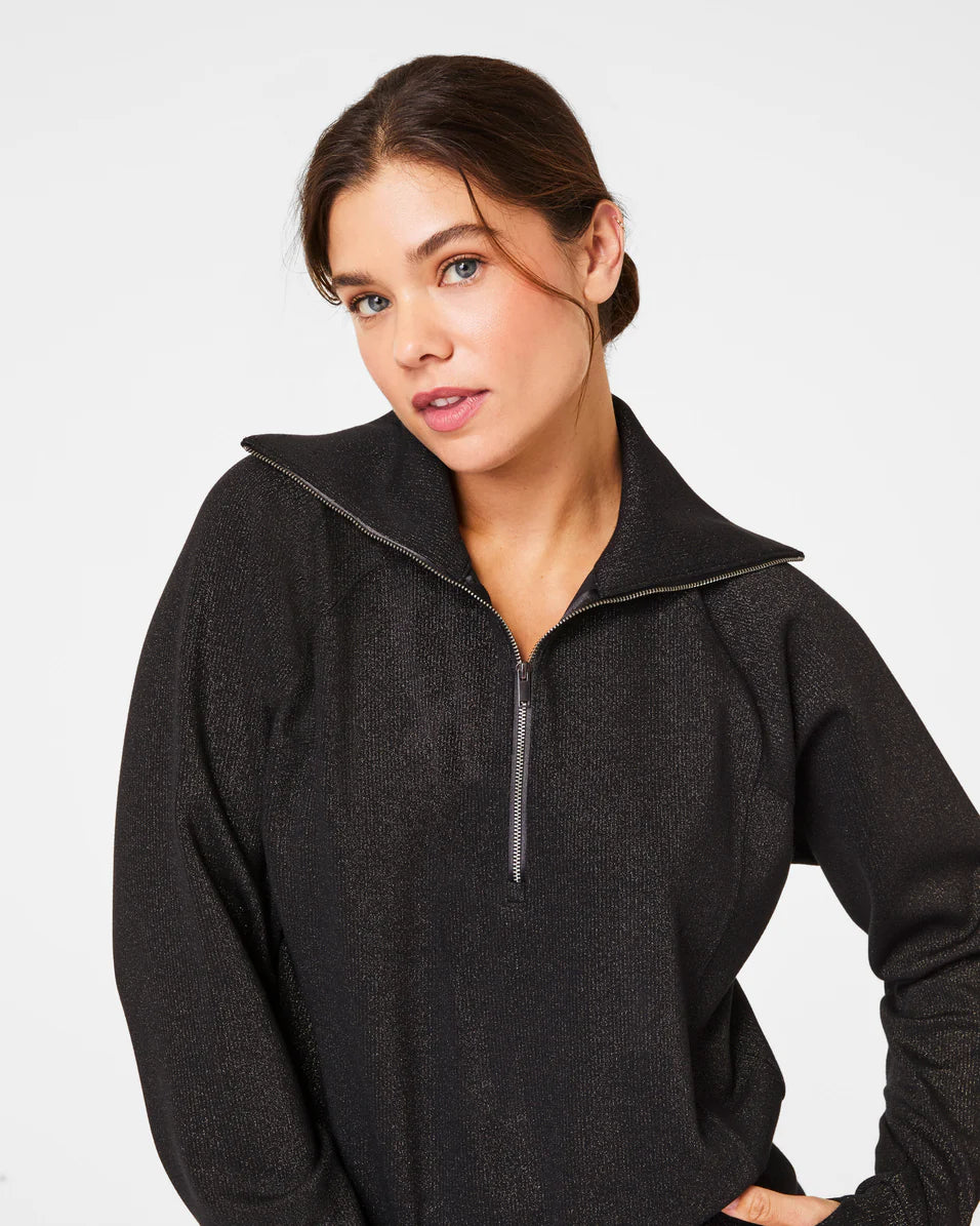 Spanx AirEssentials Half Zip Sweatshirt - Very Black/Silver Shimmer