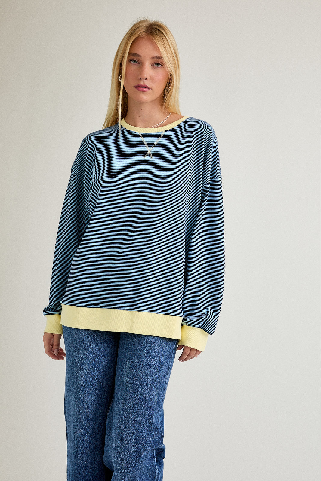 Round Neck Stripe Sweatshirt - Light Blue/Navy