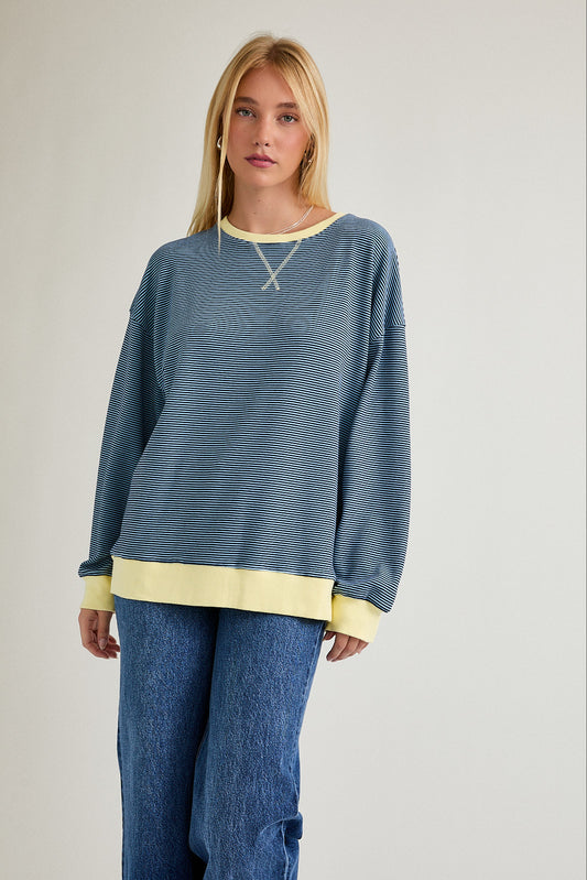 Round Neck Stripe Sweatshirt - Light Blue/Navy