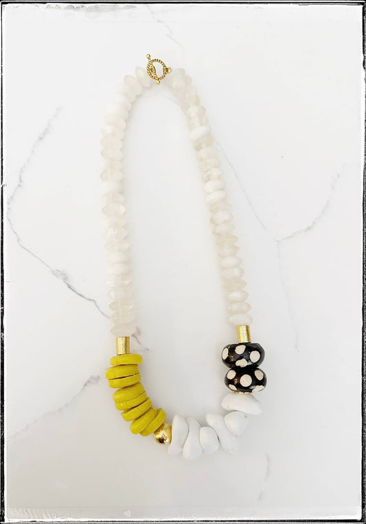 Midi Short Resin Bead Necklace - African Bone & Recycled Glass Yellow