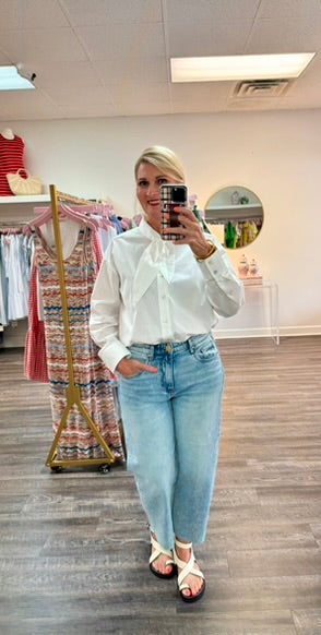 Tie Neck Button Top - Off White