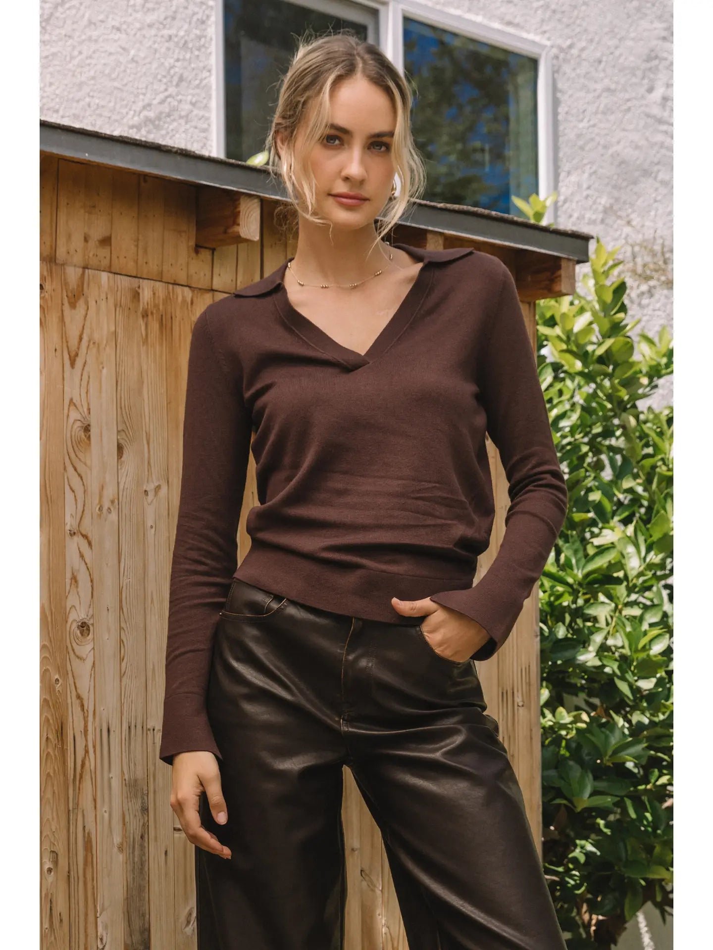 Long Sleeve Polo Knit Top - Dark Chocolate
