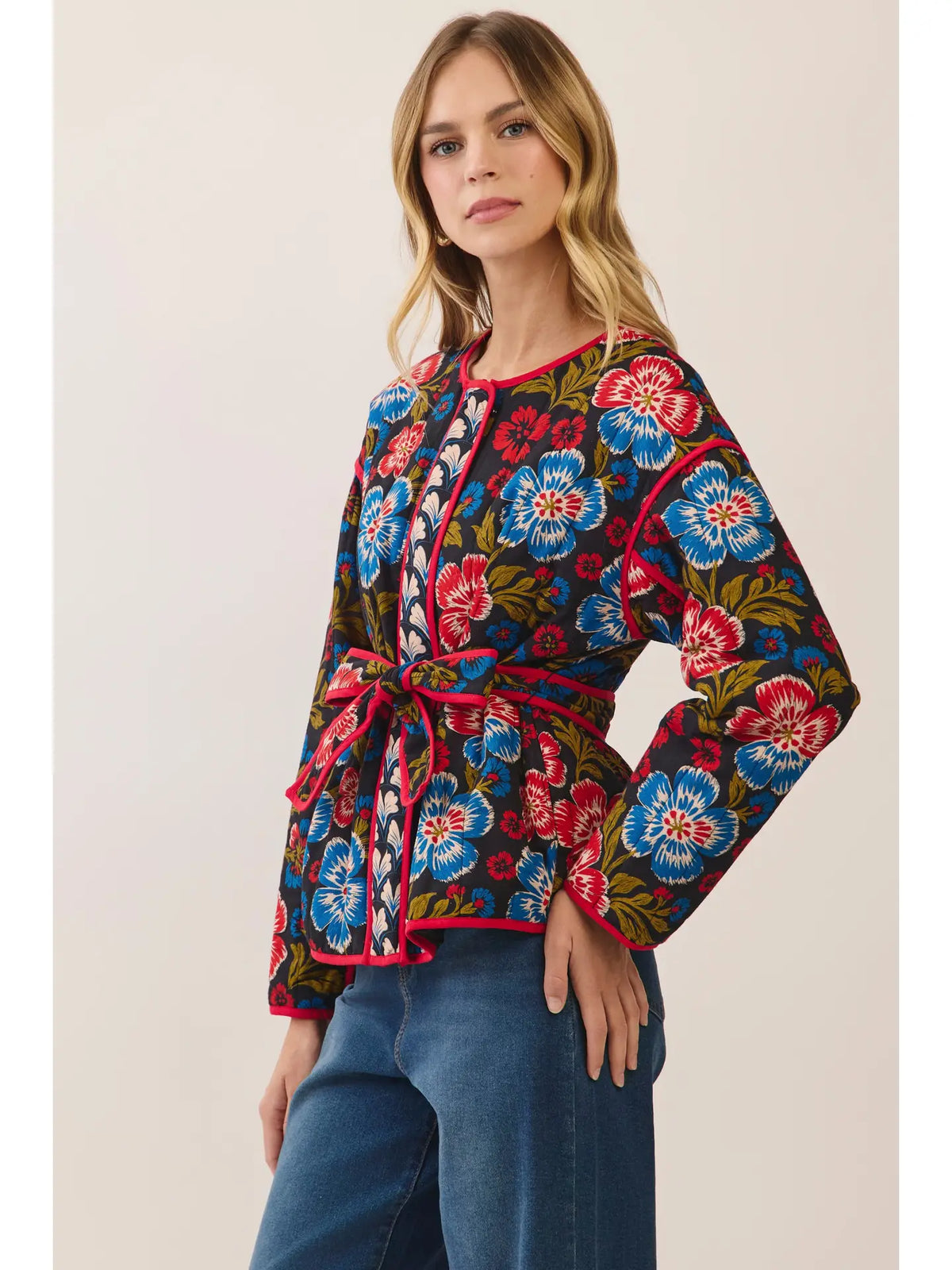 Floral Print Belted Jacket - Black