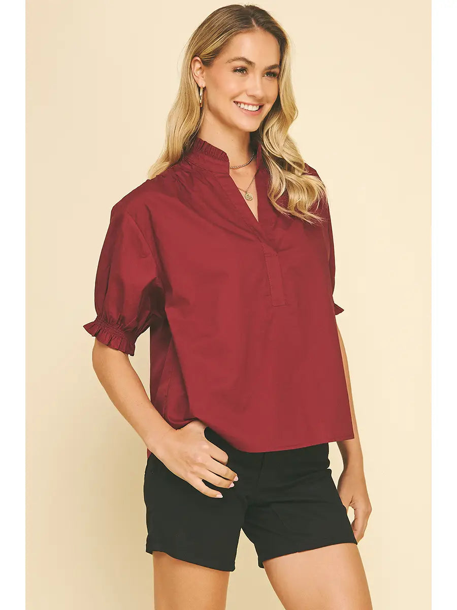 Balloon Sleeve Blouse Top - Burgundy