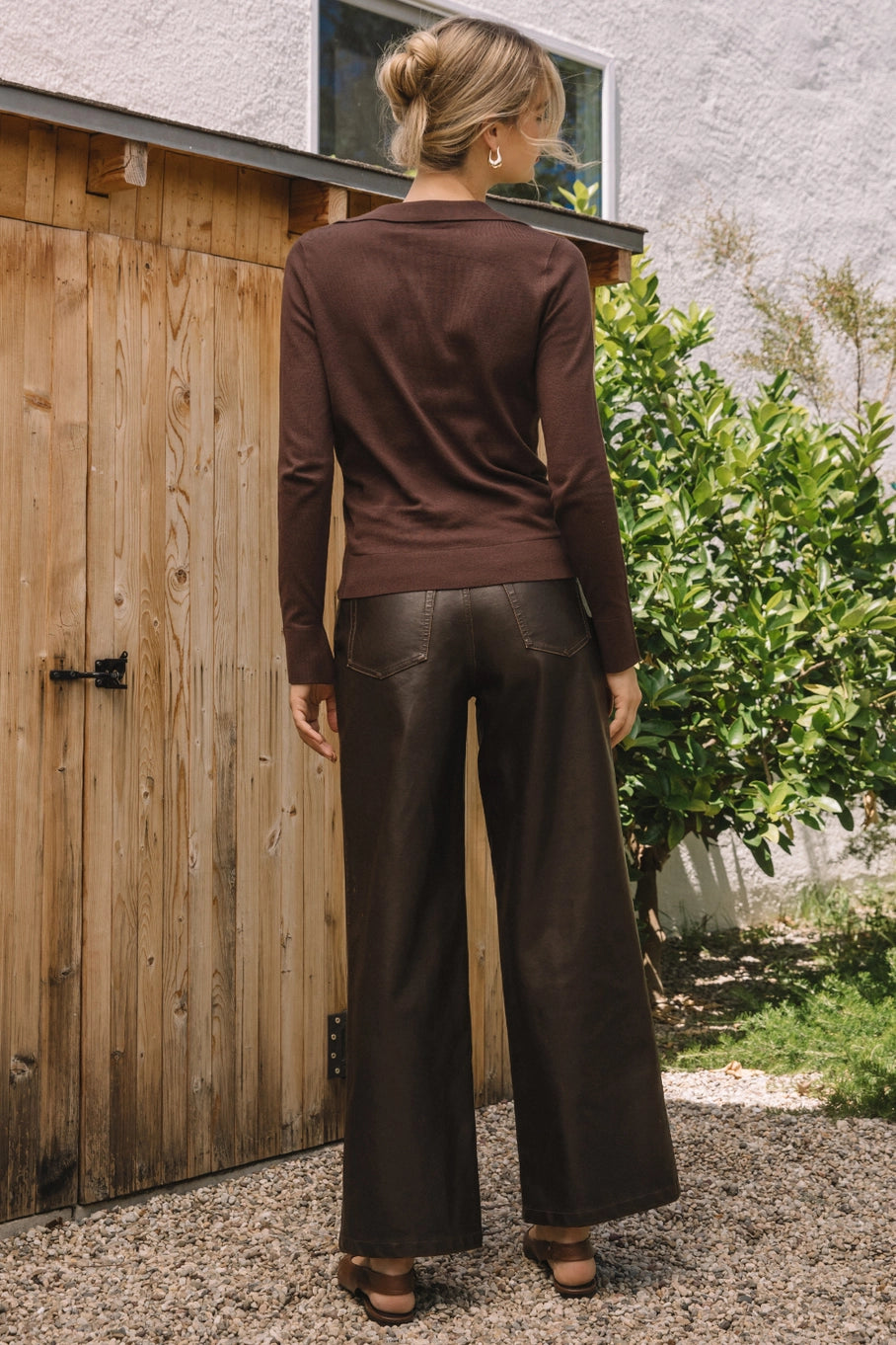 Long Sleeve Polo Knit Top - Dark Chocolate