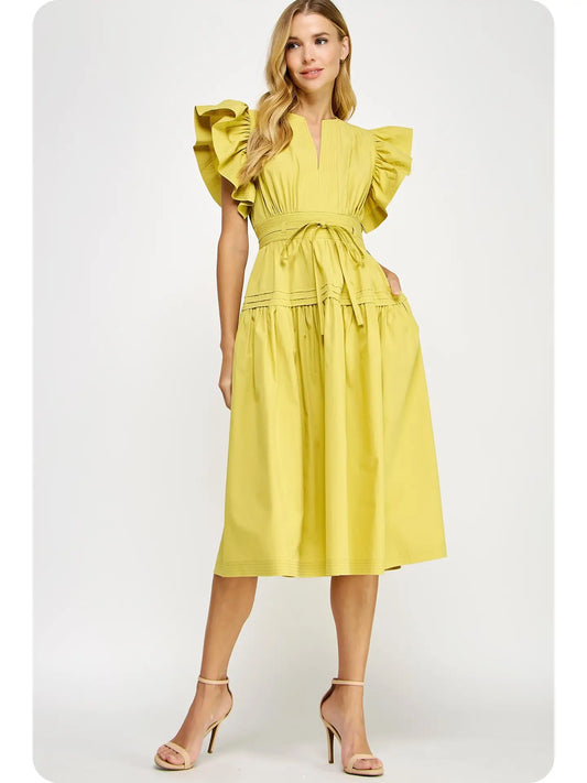 Flutter Sleeve Poplin Midi Dress - Chartreuse