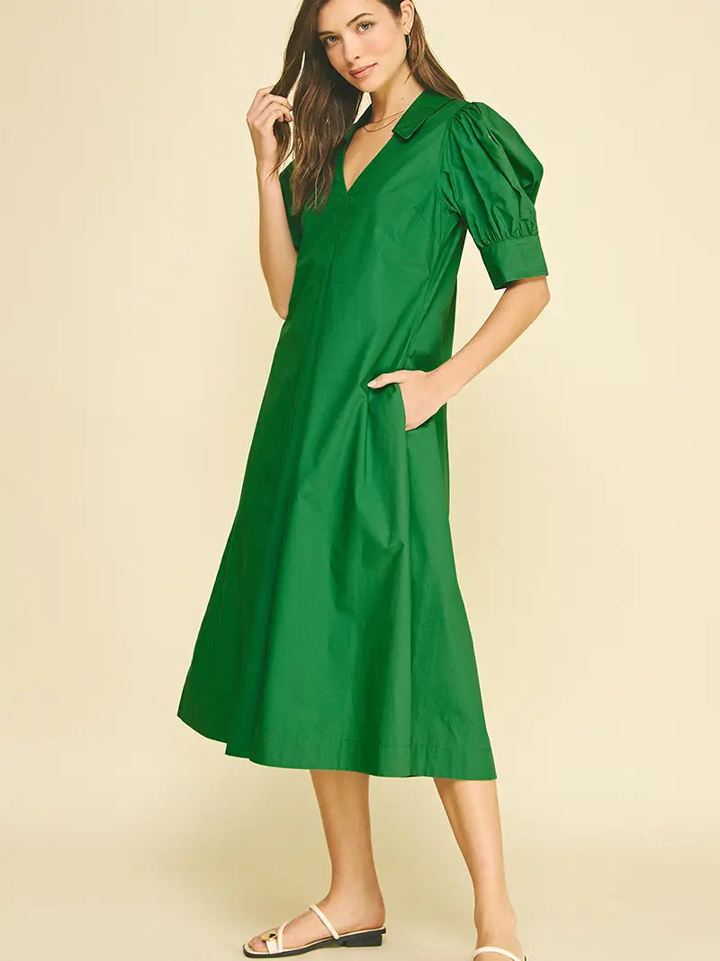 V-Neck Pleated A-Line Dress - Grass Green