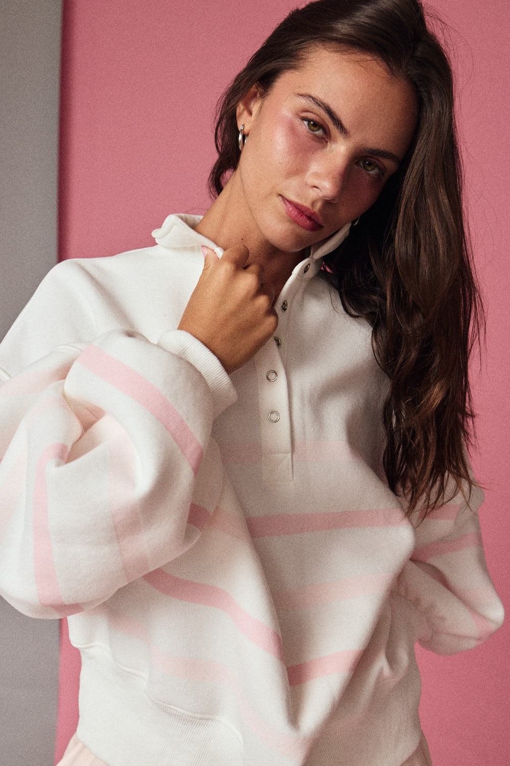 Striped Mock Neck Pullover - White/Pink