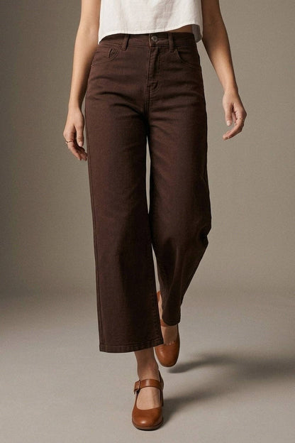 Wide Leg Cropped Jeans - Chocolate Brown