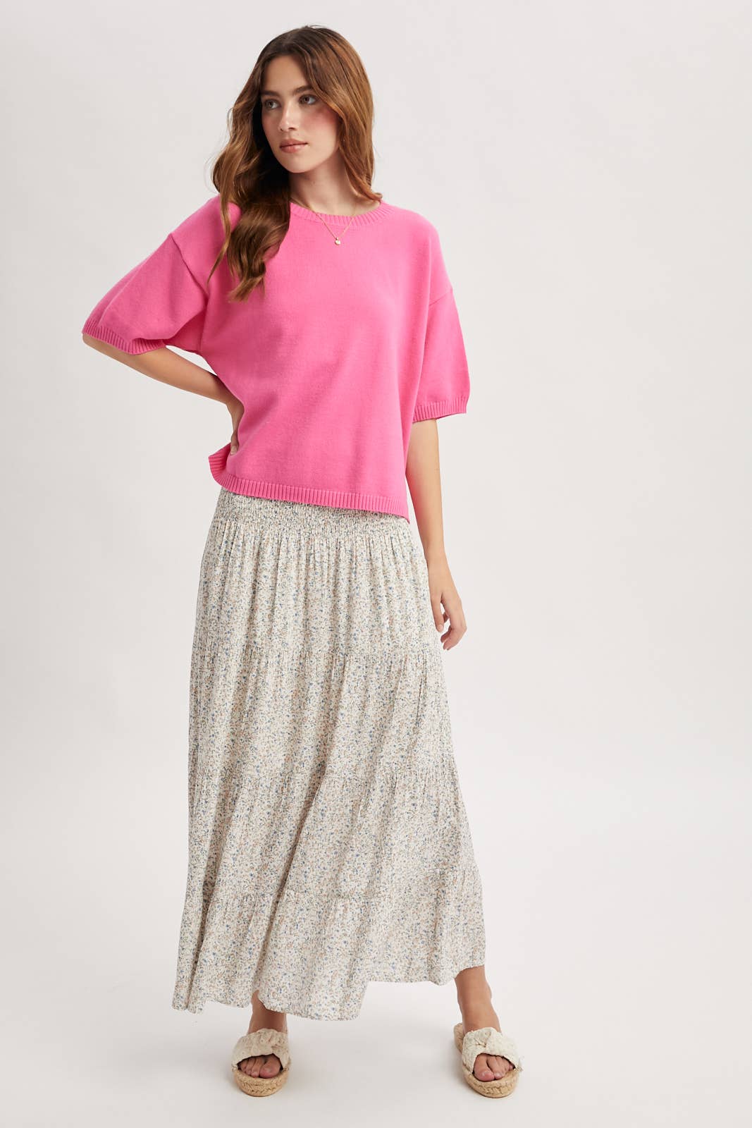 Short Sleeve Sweater Top - Punch