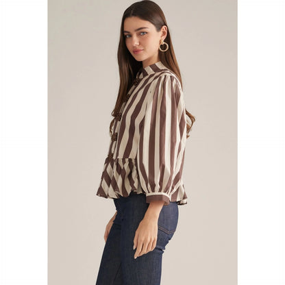 Stripe 3/4 Balloon Sleeve Top - Brown/Ecru