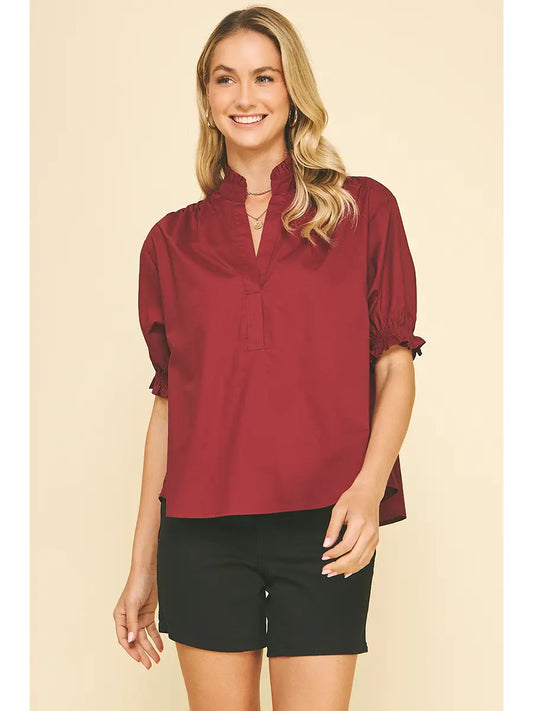 Balloon Sleeve Blouse Top - Burgundy