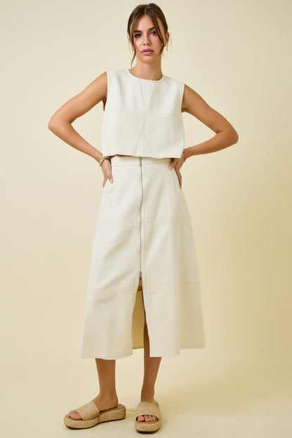 Front Zip Denim Midi Skirt - Oatmeal