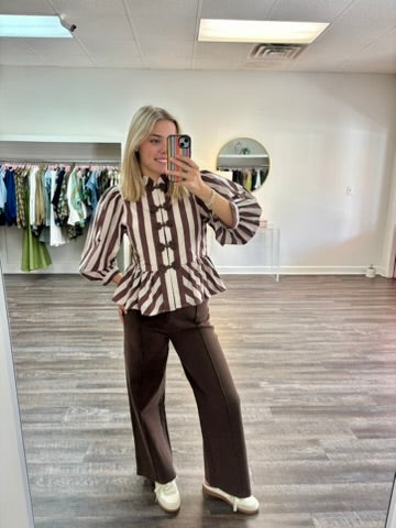 Stripe 3/4 Balloon Sleeve Top - Brown/Ecru