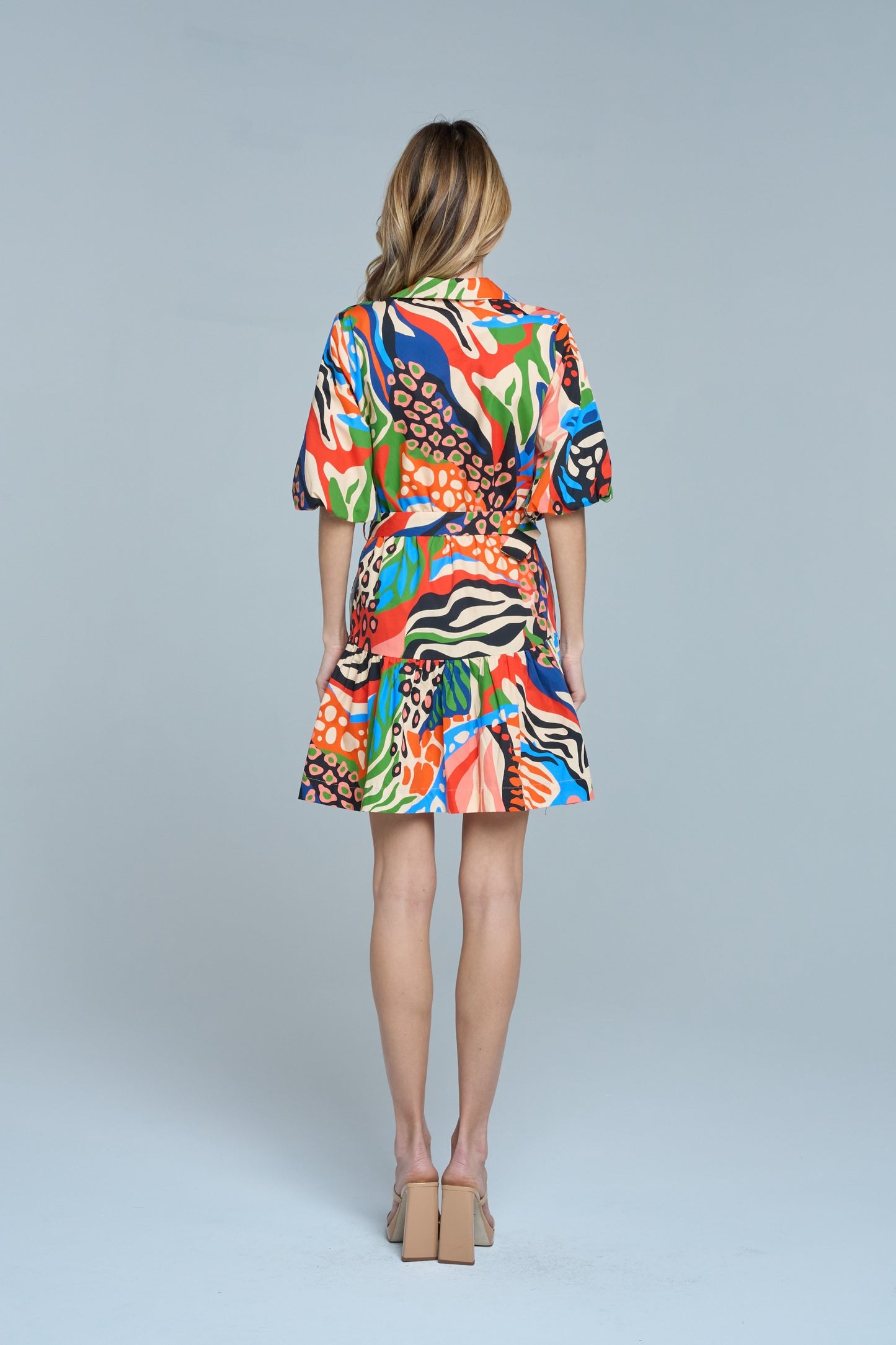 Azula Printed Bubble Sleeve Mini Dress
