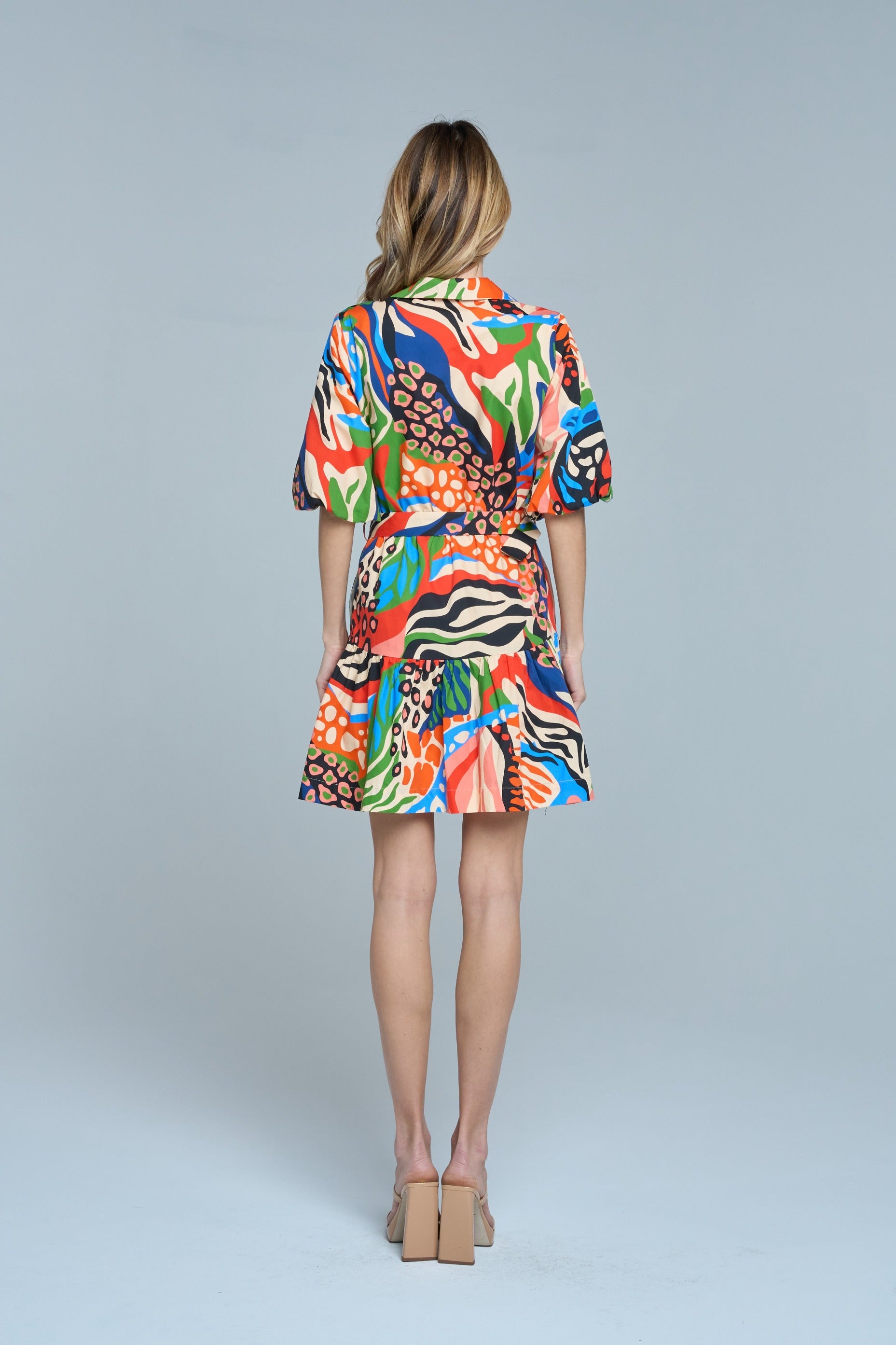Azula Printed Bubble Sleeve Mini Dress