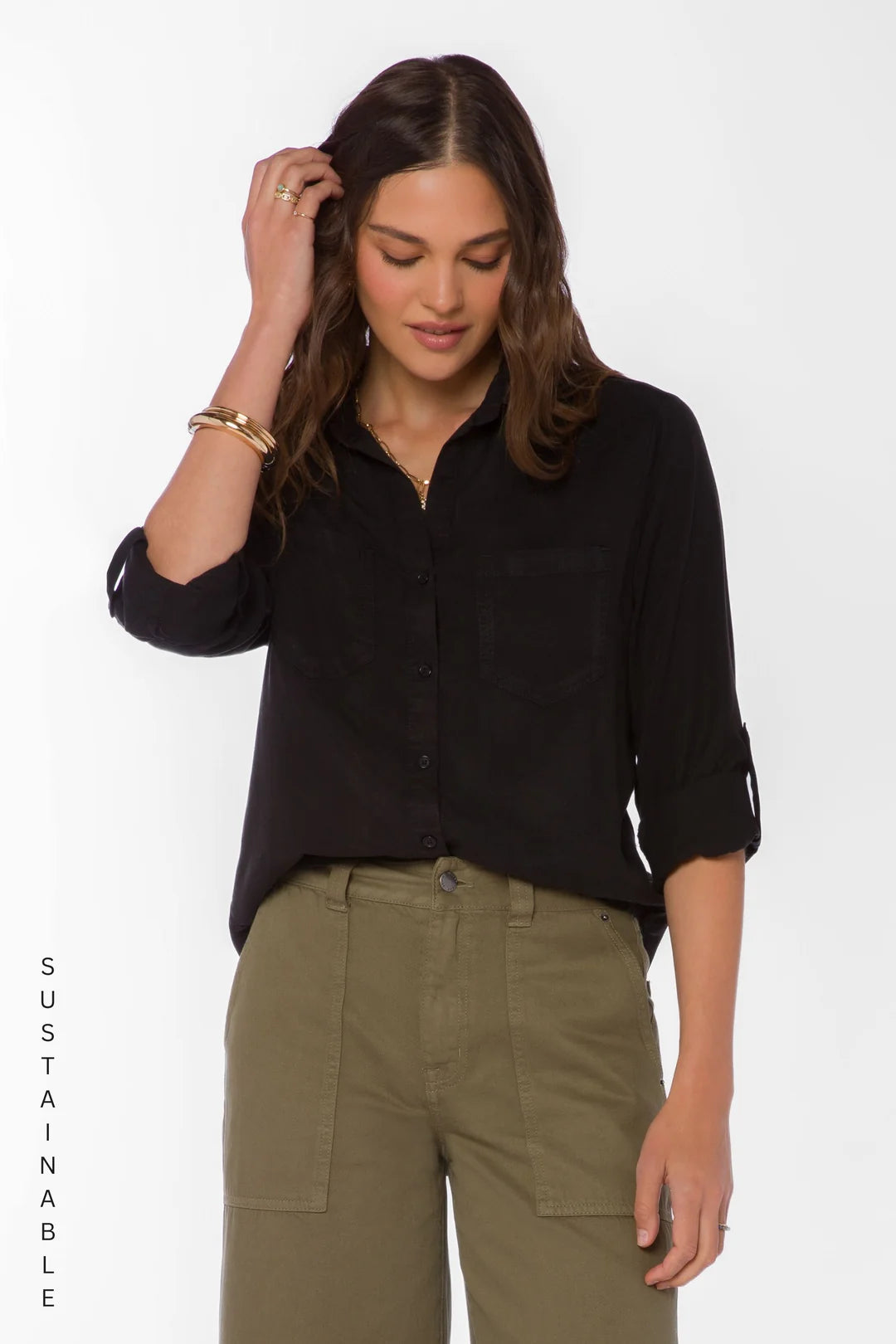 Sirena Rolled Tab Sleeve Top - Black