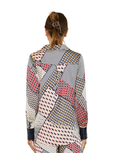 Geometric Patchwork Print Button-Down Silky Blouse - Navy Multi