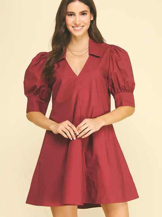 Puff Sleeve V-Neck Mini Dress - Maroon