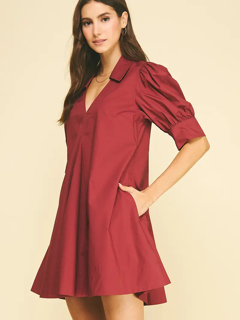 Puff Sleeve V-Neck Mini Dress - Maroon