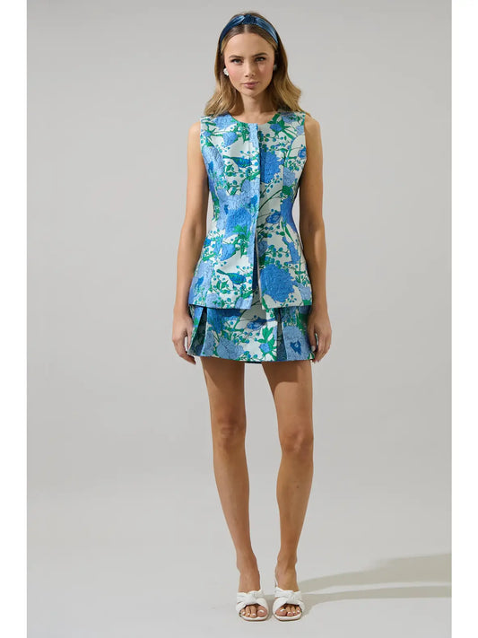 Willa Floral Maize Jacquard Sleeveless Top - White/Blue