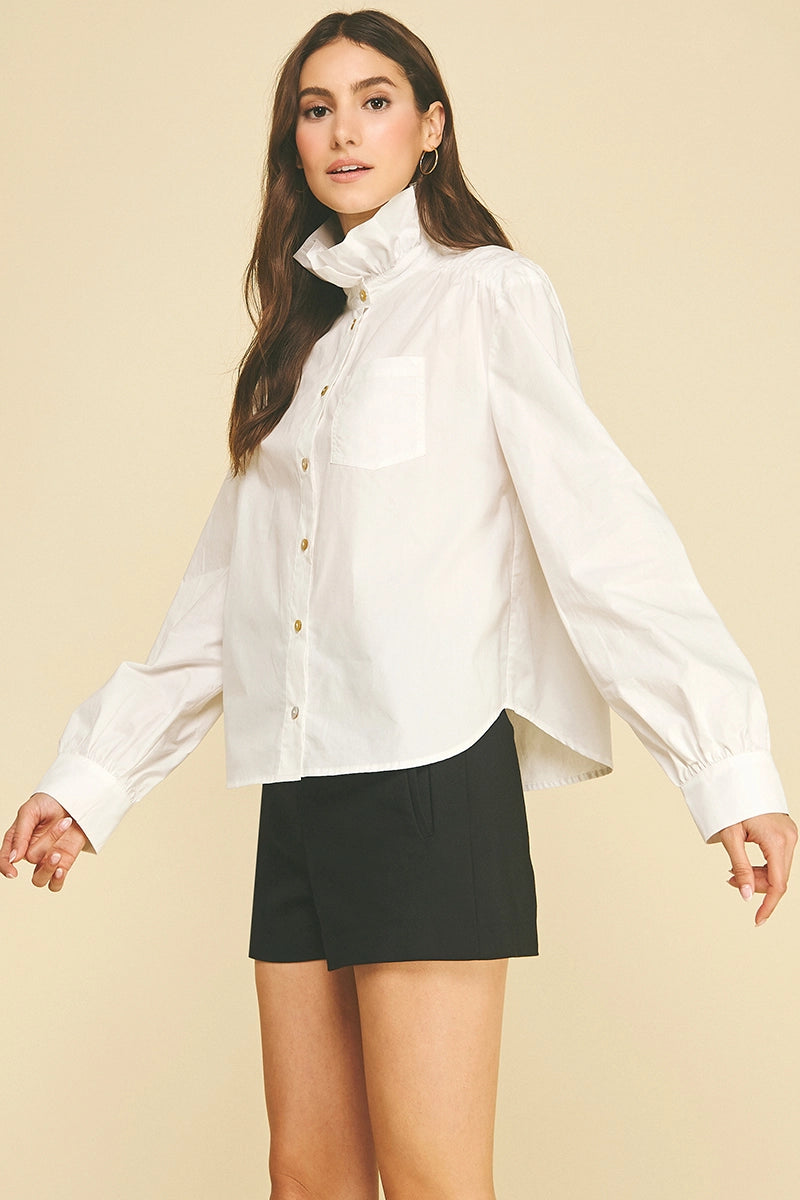 Ruffled High-Neck Button Down Shirt - Off White