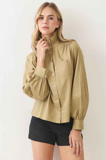 Ruffled High-Neck Button Down Shirt - Khaki