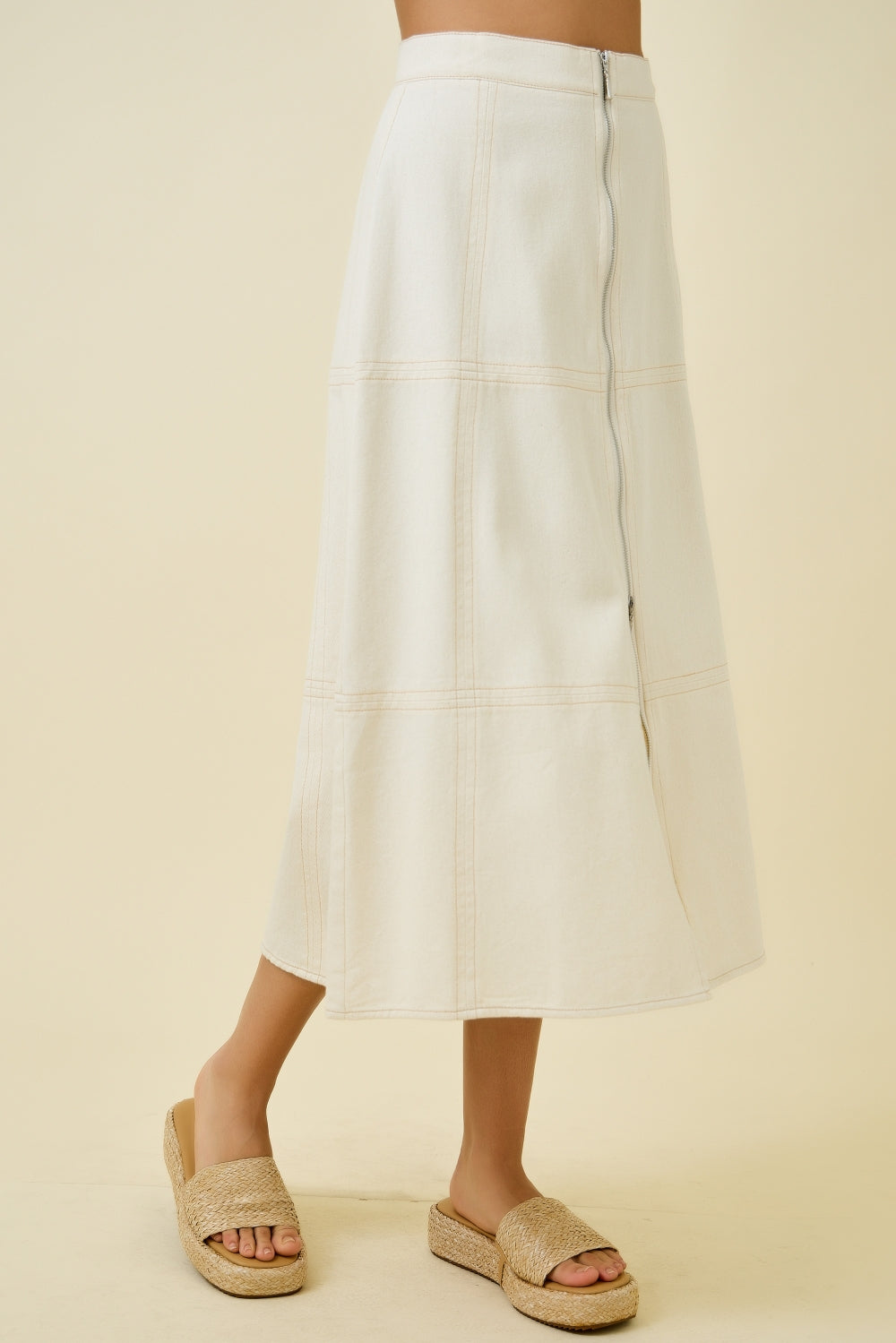 Front Zip Denim Midi Skirt - Oatmeal