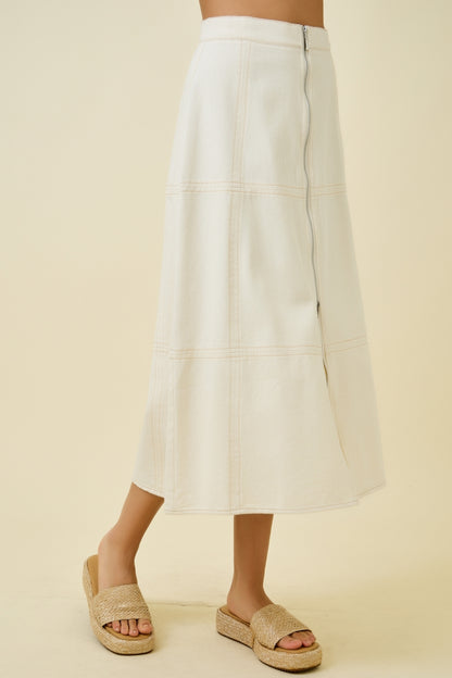 Front Zip Denim Midi Skirt - Oatmeal