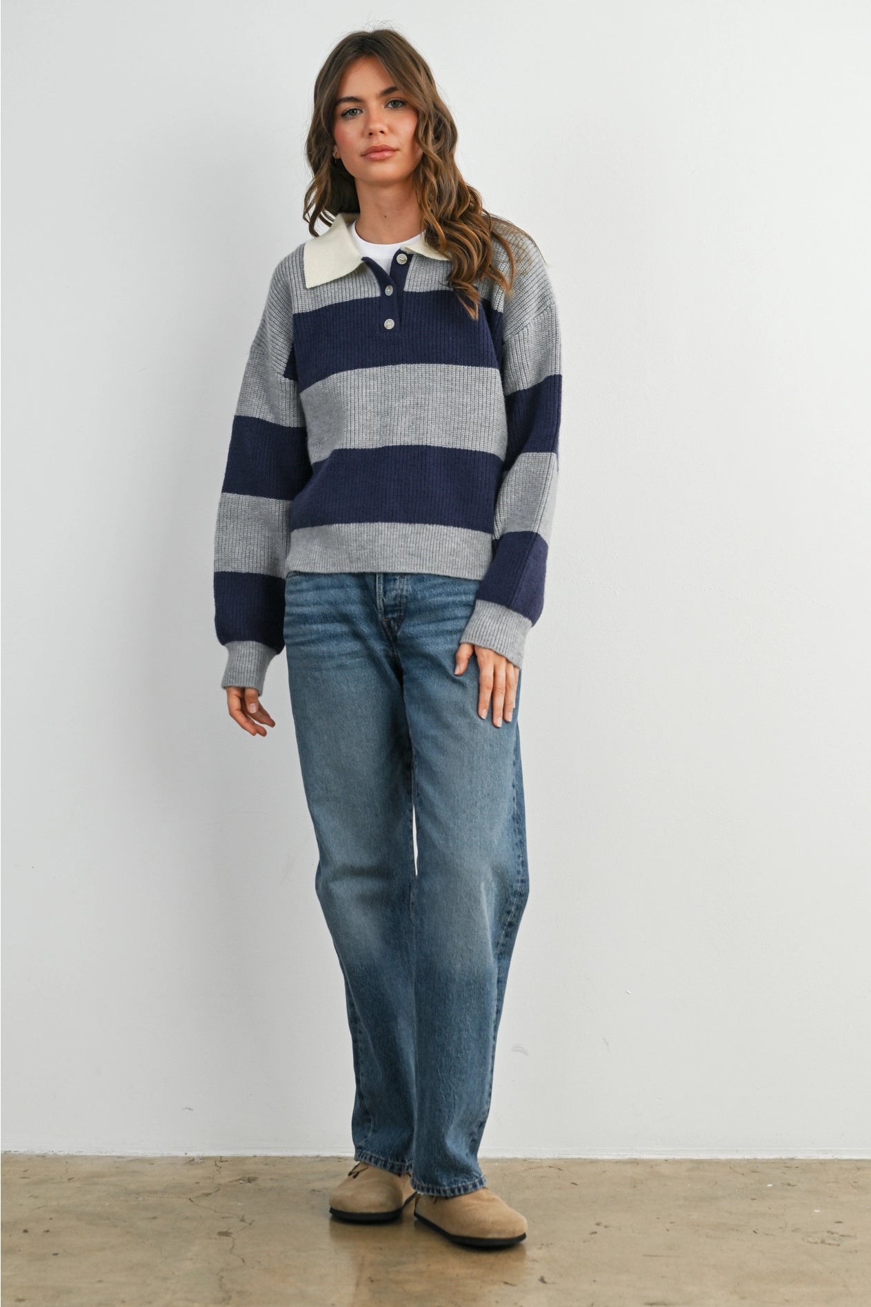 Buttoned Striped Collared Long Sleeve Top - Grey/Navy