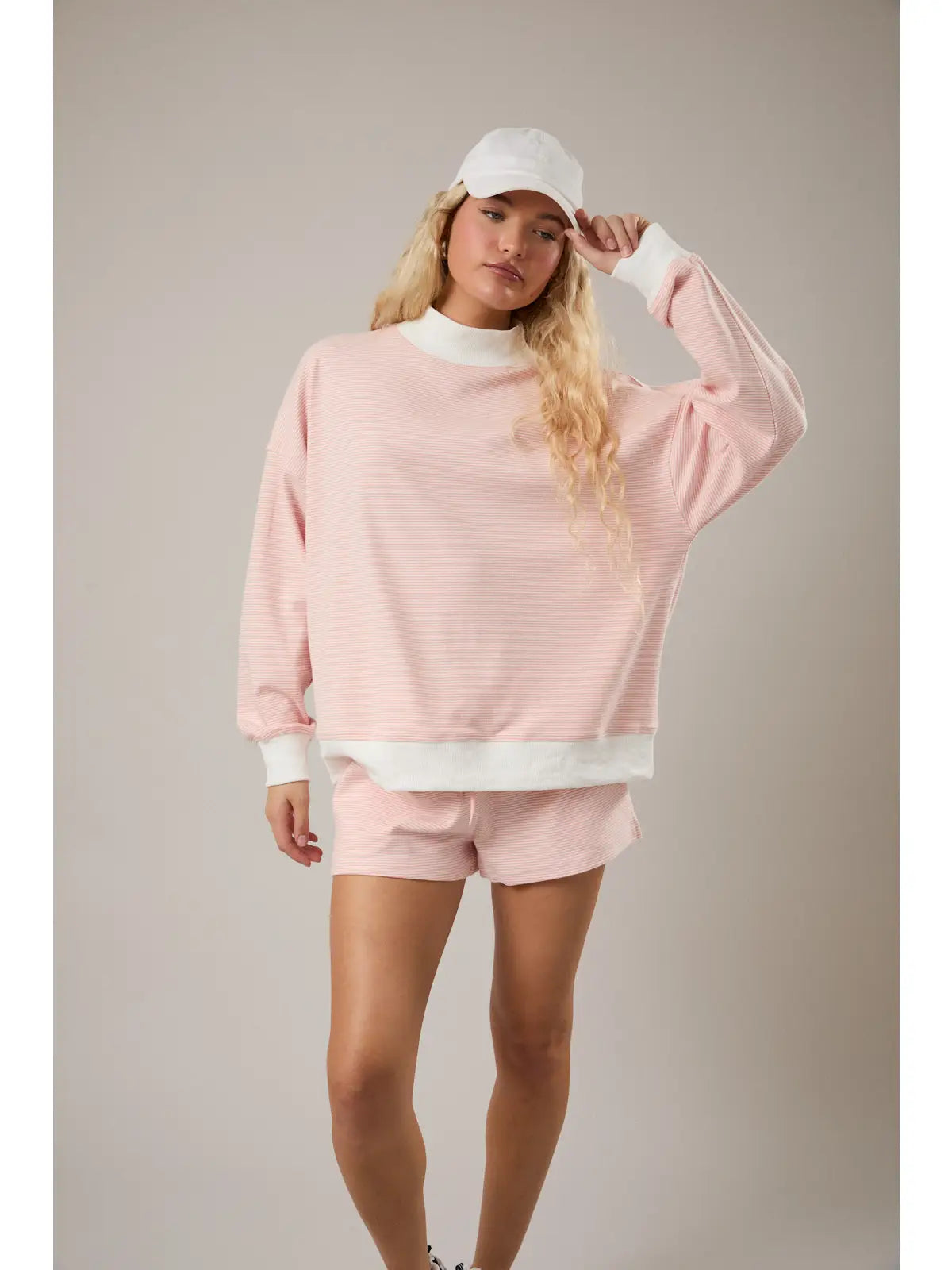 Mock Neck Stripe Sweatshirt Top - Peach/Cream