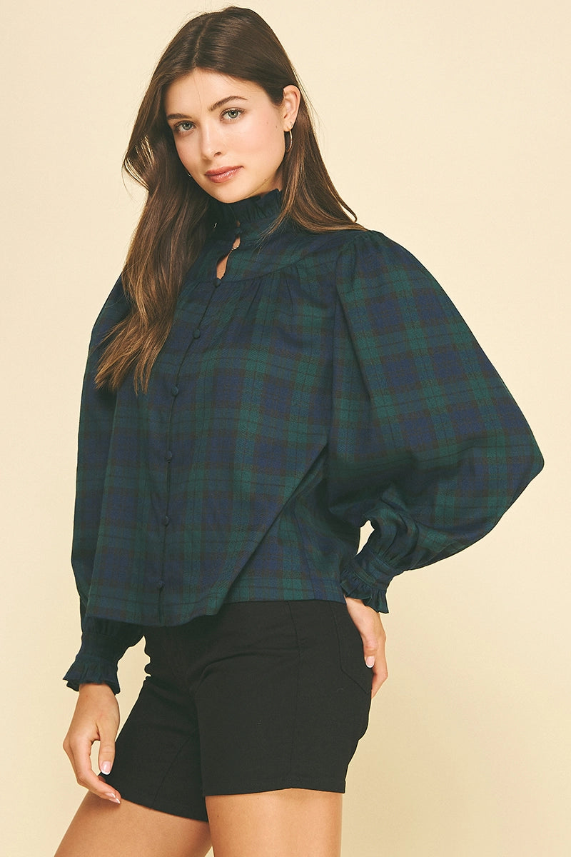 Plaid Ruffled Mock Neck Shirt - Navy/Green