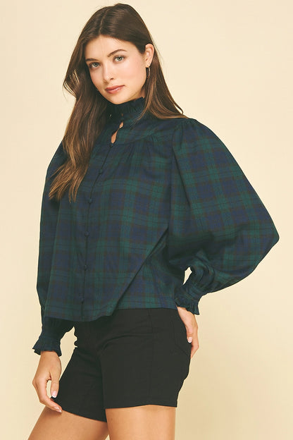 Plaid Ruffled Mock Neck Shirt - Navy/Green