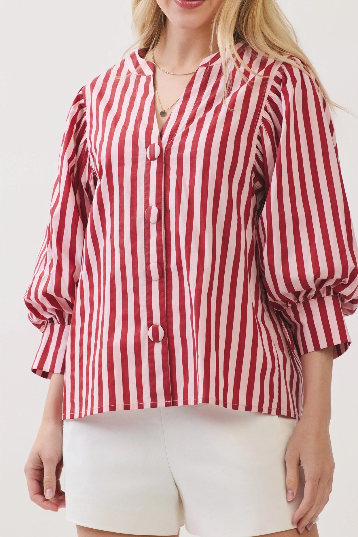 Stripe Bishop Sleeve Blouse - Pink/Wine